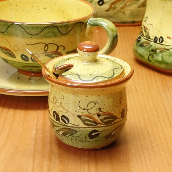 ポルトガル製 カフェ 食器 フレンチ ブラック オリーブ柄 マスタードポット からし入れ 保存容器 ...