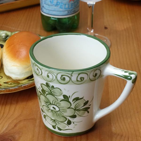 ポルトガル製 陶器 大きめ マグカップ アズレージョ 食器 グリーン 手描き 花柄 ヨーロッパ コー...
