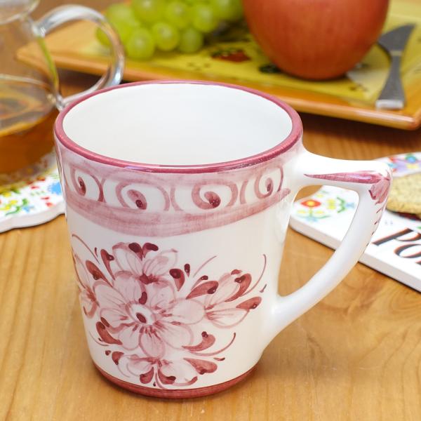 ポルトガル製 陶器 大きめ マグカップ アズレージョ 食器 ピンク 手描き 花柄 ヨーロッパ コーヒ...