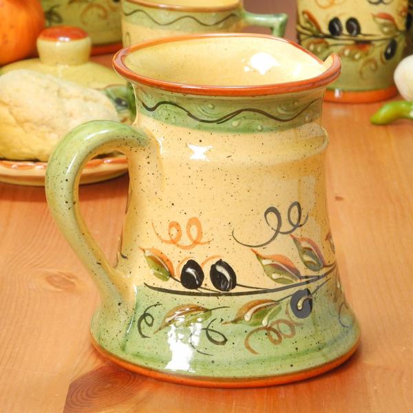 ポルトガル製 陶器 食器 手描き ブラックオリーブ柄 ピッチャー グリーン イエロー 水差し 高さ1...