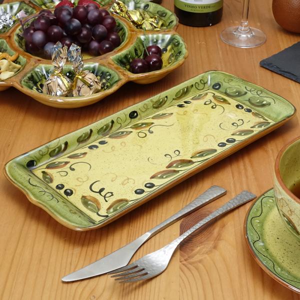 ポルトガル製 手描き ブラックオリーブ柄 グリーン カフェ 食器 長皿 34cm パスタ皿 プレート...