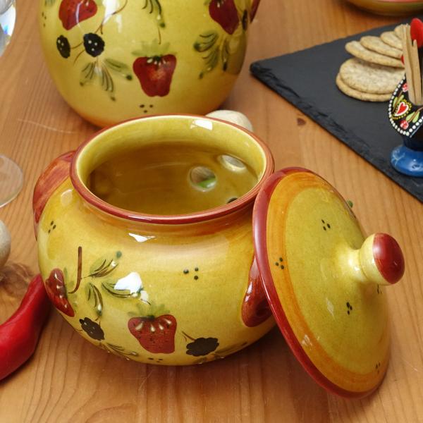 ポルトガル製 保存容器 手描き ブラックベリー&amp;いちご柄 陶器製 ガーリックポット イエロー ガーリ...