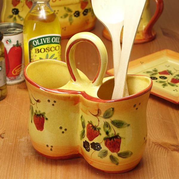ポルトガル製 食器 手描き ストロベリー 柄 カトラリー スタンド スプーン フォーク立て キッチン...