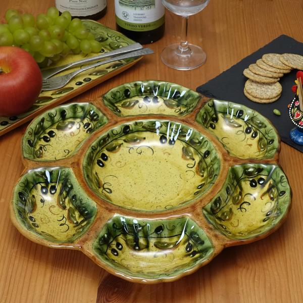 ポルトガル製 陶器 オードブルプレート ブラックオリーブ柄 手描き カフェ食器 オードブル皿 φ33...