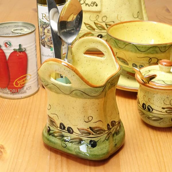 ポルトガル製 カフェ食器 ペーパーナプキンスタンド 高さ13cm ブラックオリーブ柄 グリーン 陶器...