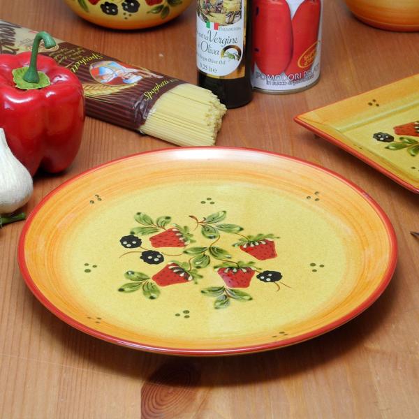 ポルトガル製 食器 手描き イチゴ&amp;ブラックベリー柄 ディナープレート イエロー 黄（25cm） 大...