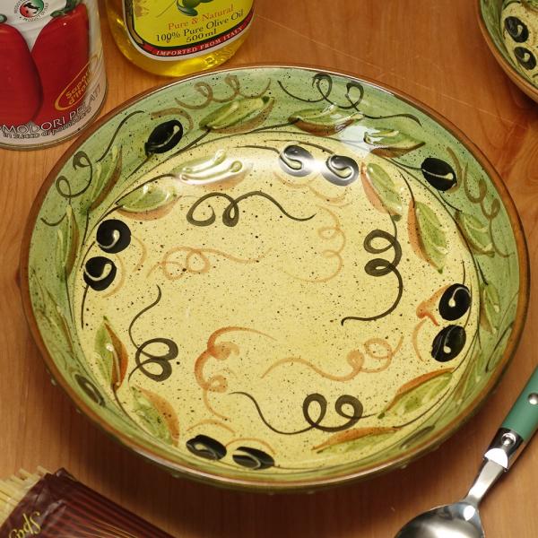 ポルトガル製 パスタ皿 カフェ食器 ブラックオリーブ柄 カレー皿 パスタボウル グリーン 21cm ...