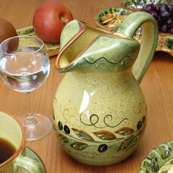 ポルトガル製 カフェ 食器 陶器製 ジャグ ブラックオリーブ柄 グリーン 緑 ピッチャー 水差し 高...