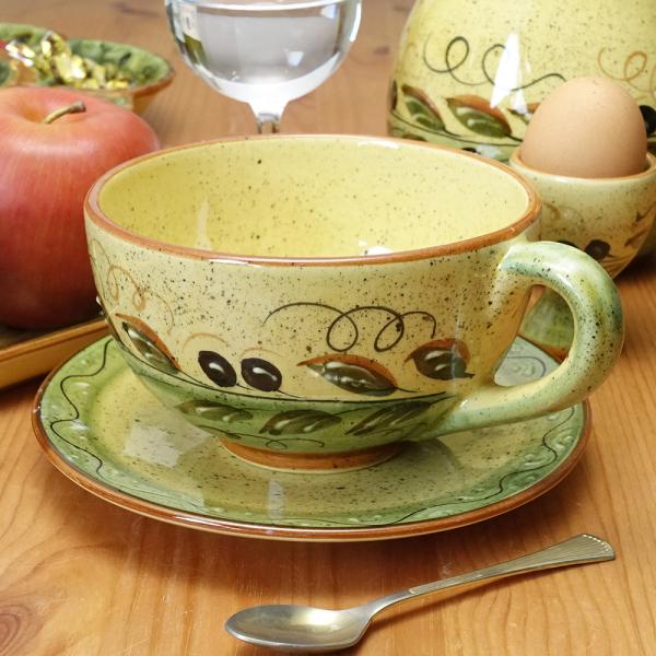 ポルトガル製 カフェ 食器 フレンチ ブラック オリーブ柄 BIG カップ&amp;ソーサー グリーン おし...
