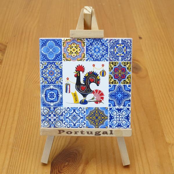 ポルトガル製 イーゼル付き ミニ絵タイル 幸せを呼ぶニワトリ ポルトガル アズレージョ 雄鶏 アート...
