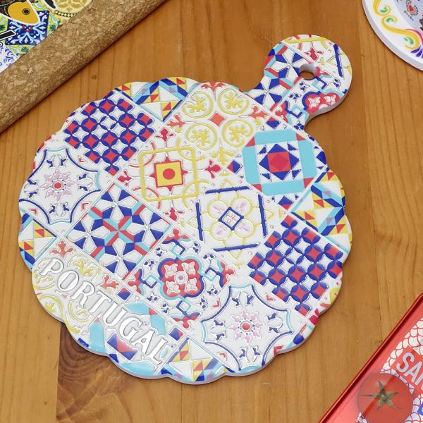 ポルトガル製 陶器 カッティングボード 丸型 インテリア まな板 アズレージョ 地中海 デザイン 絵...