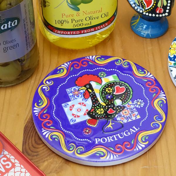 ポルトガル製 コースター 10.5cm コップ敷き 茶托 幸せを呼ぶ ニワトリ 耐熱 紺 絵タイル ...