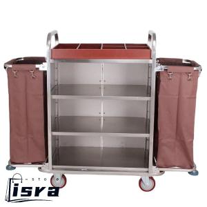 ホテルリネンカート ランドリーカート 多目的クリーニングトロリー 業務用ダストカート ホテル清掃台車 2つの大容量防水収納袋、3つのトレイ