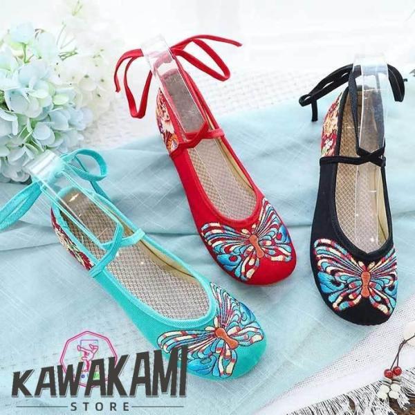 レディースパンプス 3色 中華刺繍シューズ 漢服靴 蝶 刺繍布靴 チャイナシューズ インヒール 厚底...