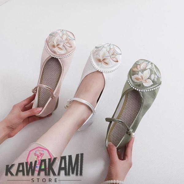 レディースシューズ パンプス 中華靴 チャイナシューズ 靴 刺繍布靴 ストラップ 花刺繍 フラット ...