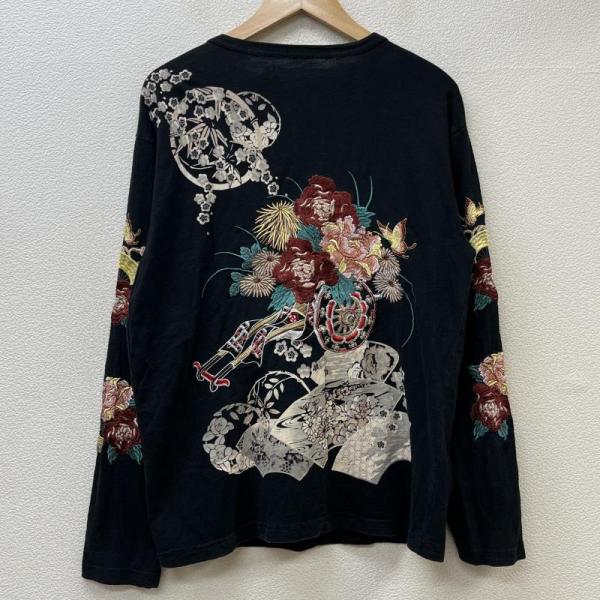 USED 古着 長袖 Tシャツ T Shirt  飛翔白麗 和柄 花柄 スリーブ バック 刺繍 クル...