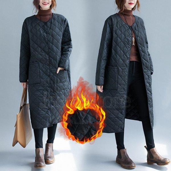 秋冬 ノーカラー ダウンコート キルティング 長袖 インナーダウン ロングコート レディース アウタ...