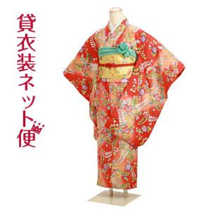 十三参り 着物 子供振袖レンタル 朱赤 花柄 菊 ぼたん 綸子 着物