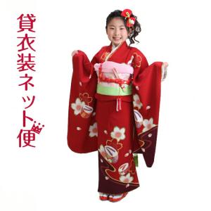 十三参り 着物 子供振袖レンタル 紅色 花車・扇面 130 着物レンタル