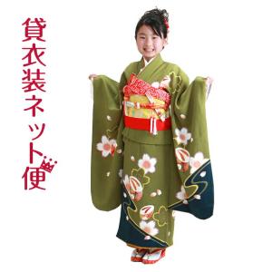 十三参り 着物 子供振袖レンタル 紅色 花車・扇面 130 着物レンタル