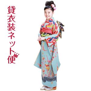 十三参り 着物 子供振袖レンタル 朱赤 花柄 菊 ぼたん 綸子 着物