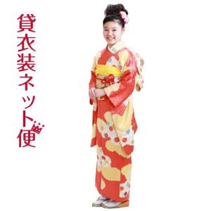 十三参り 着物 子供振袖レンタル 紅色 花車・扇面 130 着物レンタル