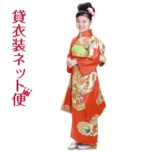 子供振袖　晴れ着　十三参り　卒業式 十三参り 着物 子供振袖レンタル 朱赤 花柄 菊 ぼたん 綸子 着物