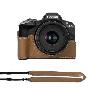 キャノン Canon EOS R50 用 カメラ ハーフ ケース カメラケース PUレザー EOS R50 ハンド グリップ 三脚穴有り 保護 カバー ショルダーストラップ付き カーキ