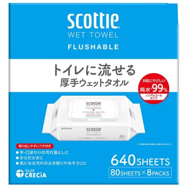 （スコッティ トイレに流せる 厚手 ウエットタオル 80枚×8パック）ノンアルコールタイプ 純水99...