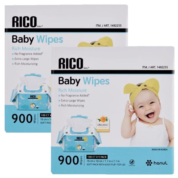 【2箱セット】（RICO Baby ベビーワイプ 900枚×2箱）100枚×9個 18cm×18cm...