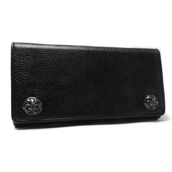 5mm厚 牛革（ブラックレザー） トライバルコンチョ スマートサイズ 三つ折り ロングレザーウォレッ...