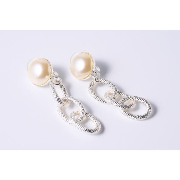 メッシュチェーン3連イヤリング シルバー パール
