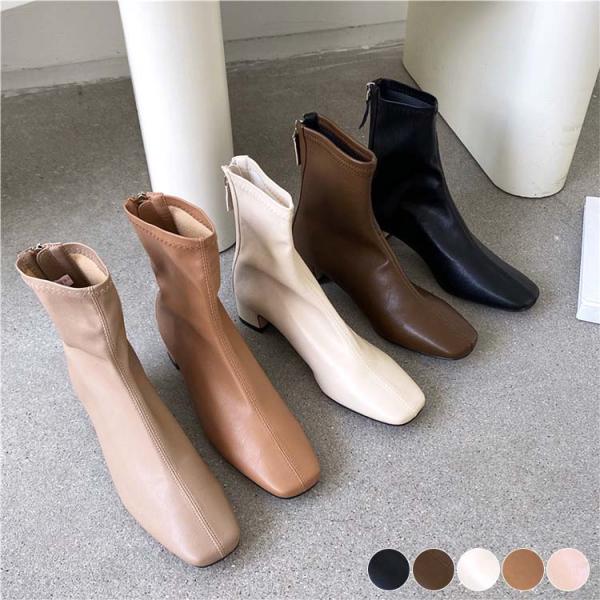 スクエアトゥ フィット ローヒール ショートブーツ