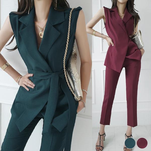 オープンカラーベスト テーパードパンツ セットアップ