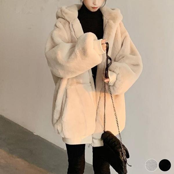 フード付き フェイクファー セミロング丈 コート