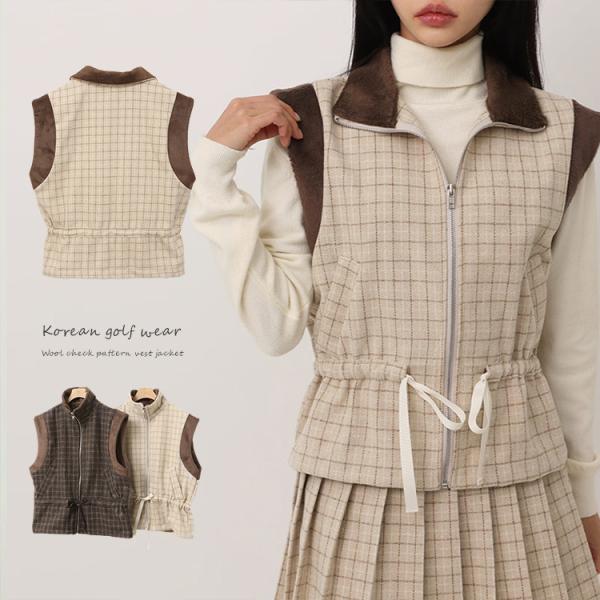 チェック柄 配色 ファー ジップアップ ベスト 韓国ゴルフウェア