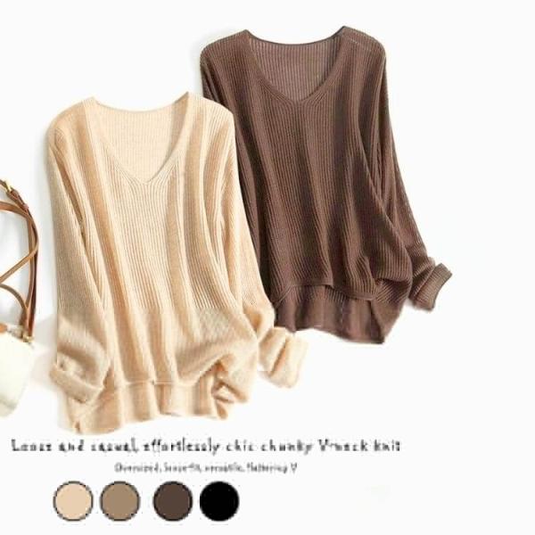Vネック ざっくり リブニット トップス