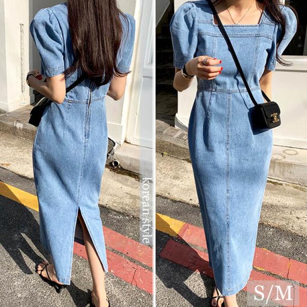 スクエアネック ミモレ丈 デニムワンピース