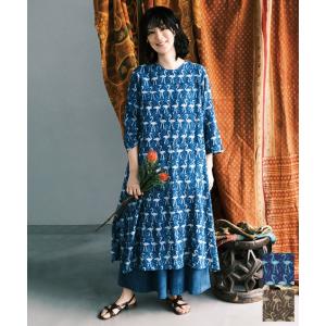 綿麻レーヨン多忙なフラミンゴさんダブプリントワンピース