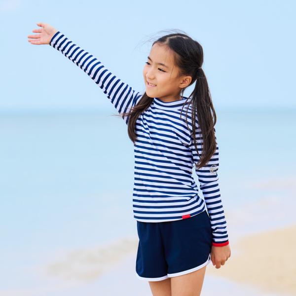 着るだけで日焼け知らず！　UVカット率99％以上　マリンストライプラッシュガード　子供用　紫外線対策