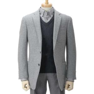秋冬 グレーフラノ風無地 コットン＆ニット ストレッチ 2つボタン シングルジャケット