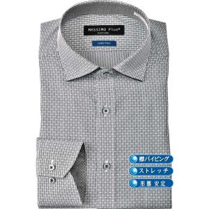 長袖ワイシャツ 形態安定 ストレッチ ベーシック パイピング ワイドカラー グレー ジオメトリック