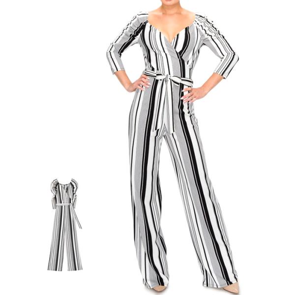 MIXストライプ柄 七分袖 カシュクールオールインワン【LA直輸入★インポート】-la-jf-js0...