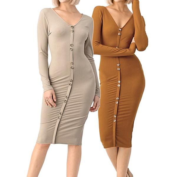 両Vネック リブニット膝丈ワンピースミディ丈 ボディコンシャス  セクシードレス【LA★インポート】...