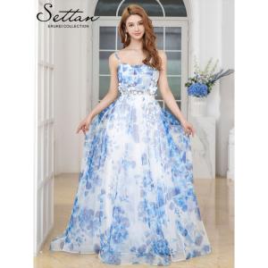 [SETTAN] 2color 立体フラワー ラメ プリント 花柄 レース キャミソール スピンドル Aライン ロングドレス ホワイト×ブルー ホワイト×ピンク エレガント モダ