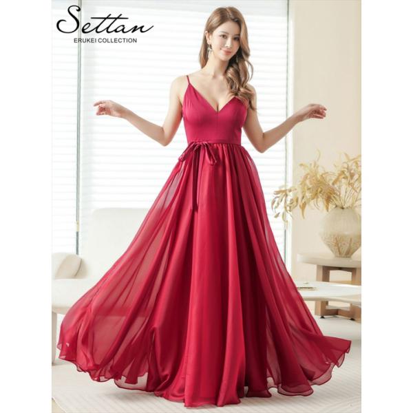 [SETTAN] 4color シフォン キャミソール 深Vカット リボンベルト Aライン フレア ...
