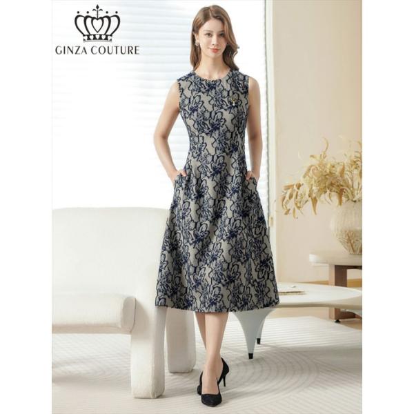 [GINZA COUTURE] 2color 花柄 ジャガード フレア Aライン ミモレ丈 ノースリ...