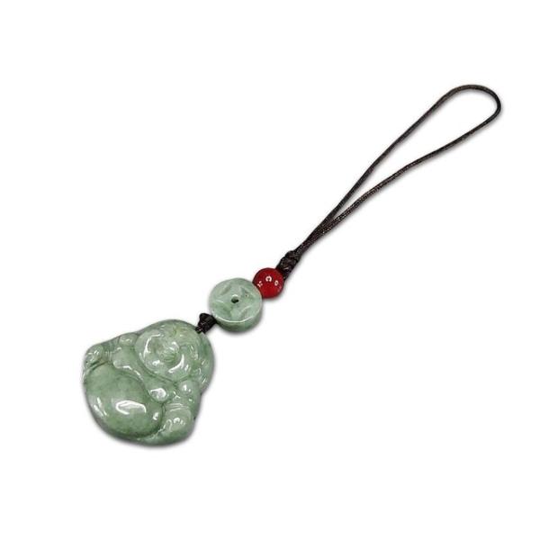 濃い目ひすい天然石本翡翠布袋様ストラップ色合い良好