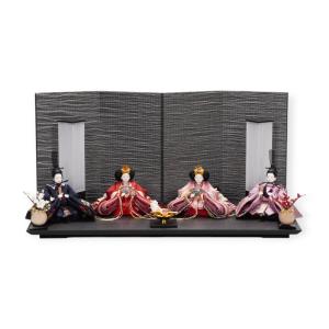 【雛人形】「葵」 麻の葉に刺繍桜(紺・赤)×麻の葉に刺繍桜(紫) 双子飾り〈柴田家千代作〉[253-125]