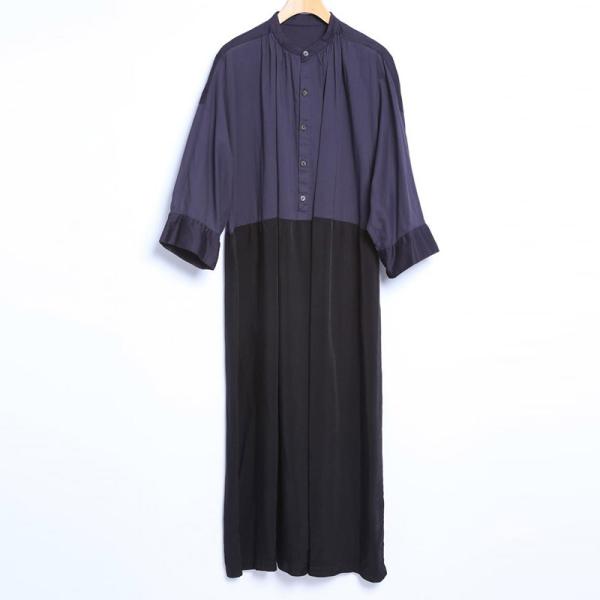 スタンドカラーギャザーロングワンピース